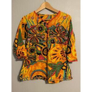 Vintage Womens Top Small Orange Abstract Floral Embroidered Babydoll Boho READ